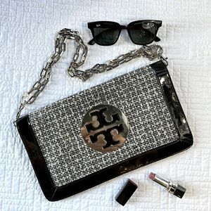 TORY BURCH Tweed Silver and Leather Clutch with adjustable/removable chain.
